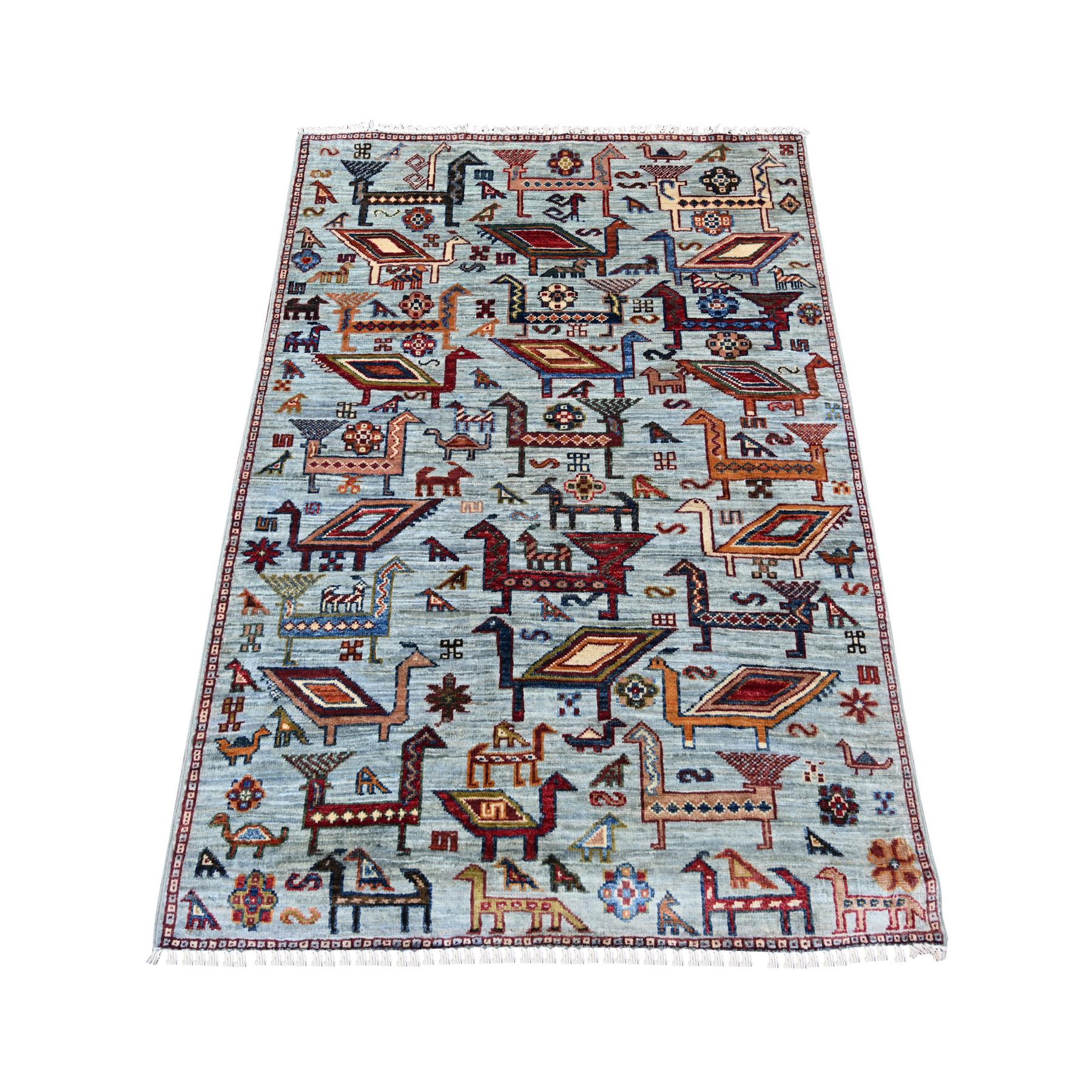 3'3"x4'9" Misty Gray, Hand Knotted, Afghan Sultani with Ancient Bird Figurines, Soft and Vibrant Wool, Natural Dyes, Oriental Rug 